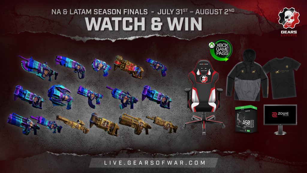 Image showing the NA-LATAM Watch n Win rewards, including GOAT, Glory, and Katana weapon skins, DX Racer chairs, ZOWIE Monitors, Xbox Game Pass Subscriptions, BenQ ZOWIE Monitors, and various ASTRO items. The NA-LATAM Season Finals will take place July 31st through August 2nd.