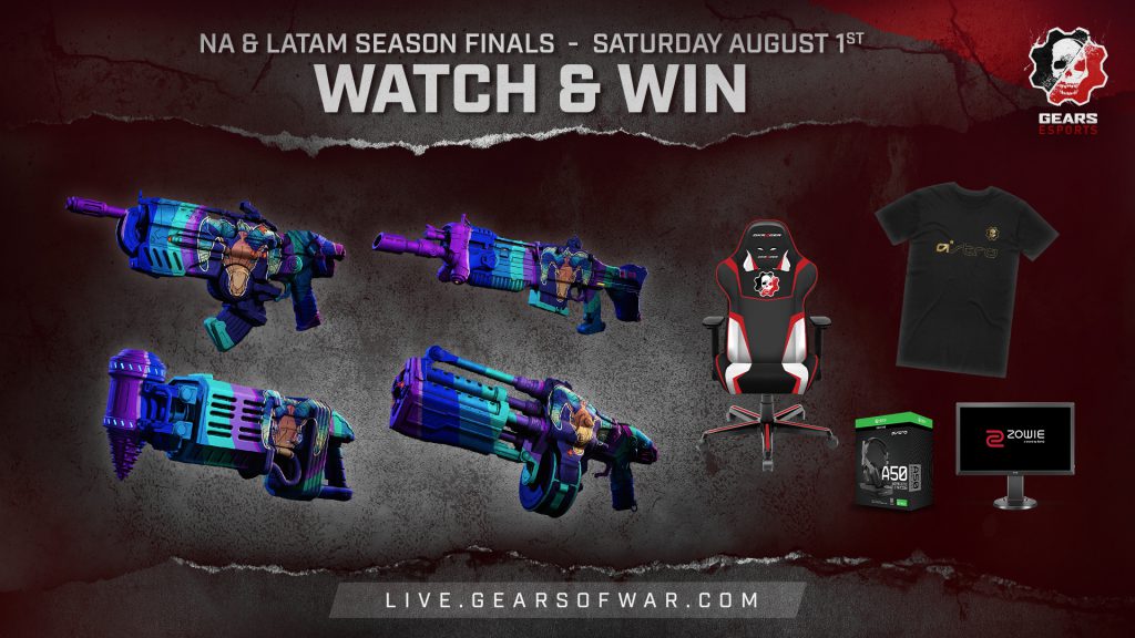 Image showing watch and win rewards for Saturday, August 1st, which include GOAT weapon skins, DX Racer chairs, Xbox Game Pass subscriptions, BenQ ZOWIE Monitors and Astro Gear