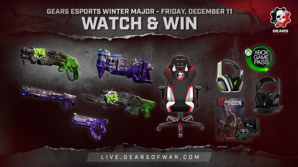Image showing "Gears Esports Winter Major" at the top followed by the date Friday, December 11. The image also shows 5 weapon skins and a number of physical items.