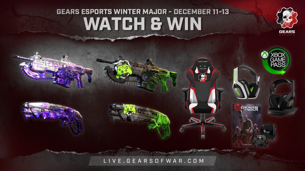 Image showing "Gears Esports Winter Major" at the top followed by the dates December 11-13. The image also shows 4 weapon skins and a number of physical items.