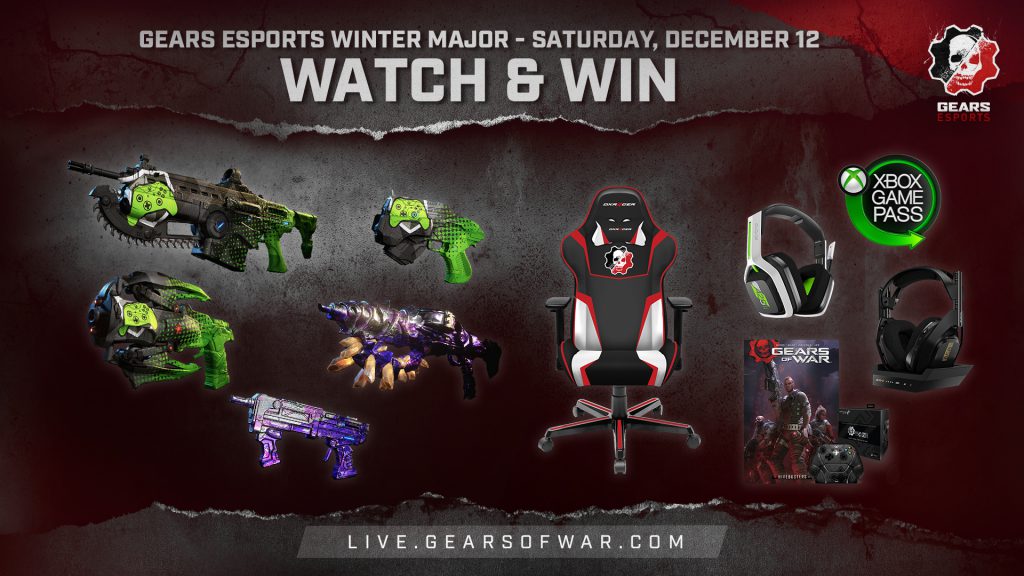 Image showing "Gears Esports Winter Major" at the top followed by the date Saturday, December 12. The image also shows 5 weapon skins and a number of physical items.