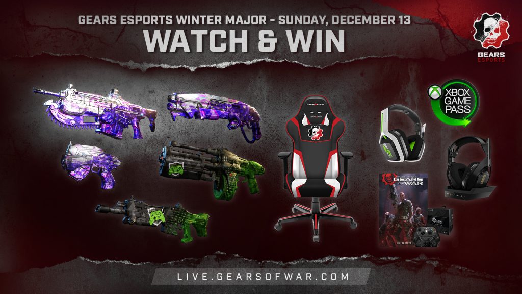 Image showing "Gears Esports Winter Major" at the top followed by the date Sunday, December 13. The image also shows 5 weapon skins and a number of physical items.